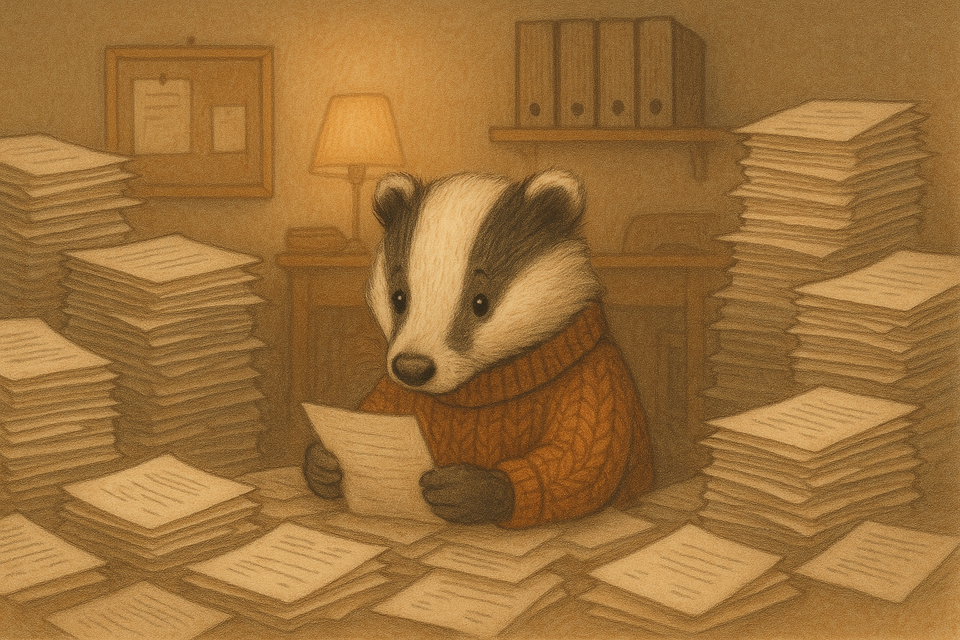 Dachs am Schreibtisch, umgeben von Papierstapeln und Dokumenten